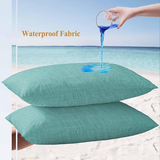 Outdoor Waterproof Throw Pillow Covers Set of 2 Turquoise Linen Lumbar Pillowcases 20x12 Inches Farmhouse Pure Color Decorative Pillows Cushion Case Patio Pillows for Couch Bed Chair Garden