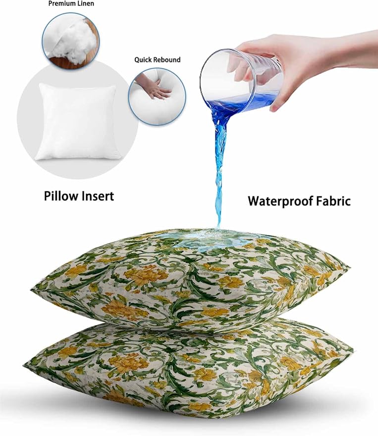 Outdoor Pillows with Inserts Set of 2 18x18, Yellow Green Boho Waterproof Outdoor/Indoor Throw Pillows, Classic Floral Farmhouse Botanical Decorative Pillow for Bed Couch Sofa Patio Furniture