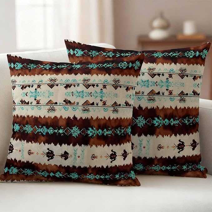 Western Aztec Outdoor Pillow Covers 16"x16" Set of 2, Brown Turquoise Tribal Ethnic Geometric Waterproof Throw Pillow Covers for Patio Furniture, Decorative Cushion Covers for Porch
