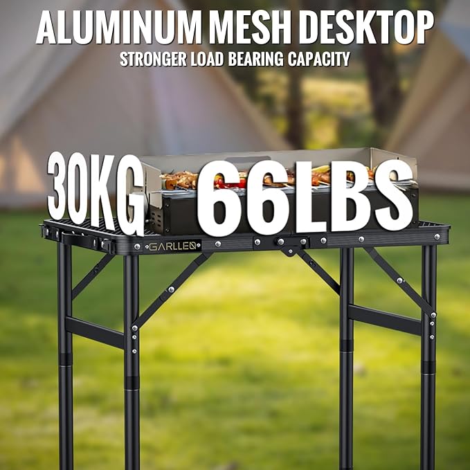 GARLLEN 2ft Folding Grill Table Max Capacity 66lbs, 3-Height Adjustable Folding Camping Table with Heat-Resistant Mesh Tabletop, Portable Aluminum Picnic Tables for BBQ, Outdoor, 22.8" L x 15.7" W