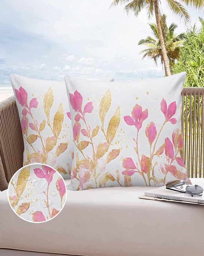 Vandarllin Outdoor Throw Pillows Covers 18x18 inch Set of 2 Waterproof Pink Yellow Flowers Decorative Zippered Cushion Covers for Patio Furniture, Wildflowers Lumbar Pillowcases