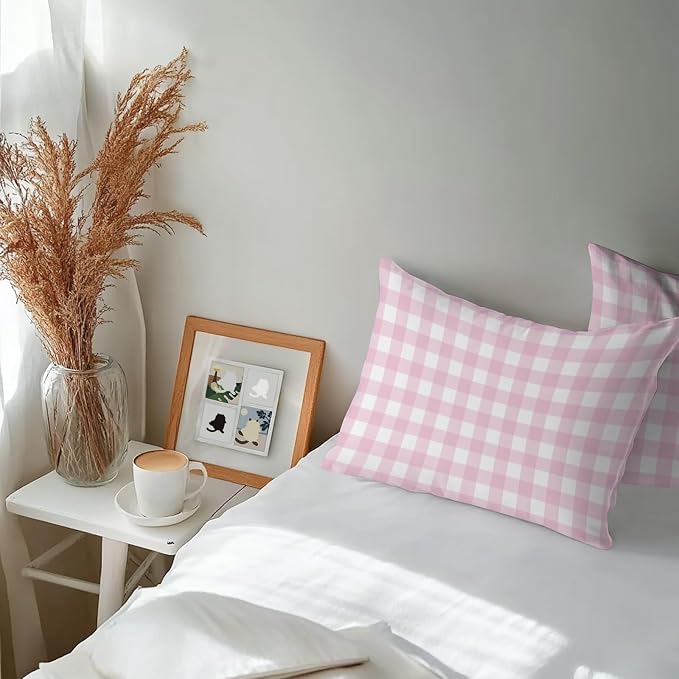 Light Pink Checks Outdoor Pillow Covers 20"x12" Set of 2, Gingham Plaid Abstract Modern Minimalist Waterproof Throw Pillow Covers for Patio Furniture, Decorative Cushion Covers for Porch