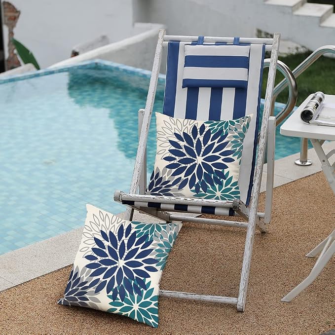 DFXSZ Outdoor Waterproof Pillow Covers 18x18 Set of 2 NavyBlue Green Flower | Spring Summer Waterproof Flower Throw Pillowcases（No Inserts）Outdoor Decor for Patio Funiture Garden Polyester Covers