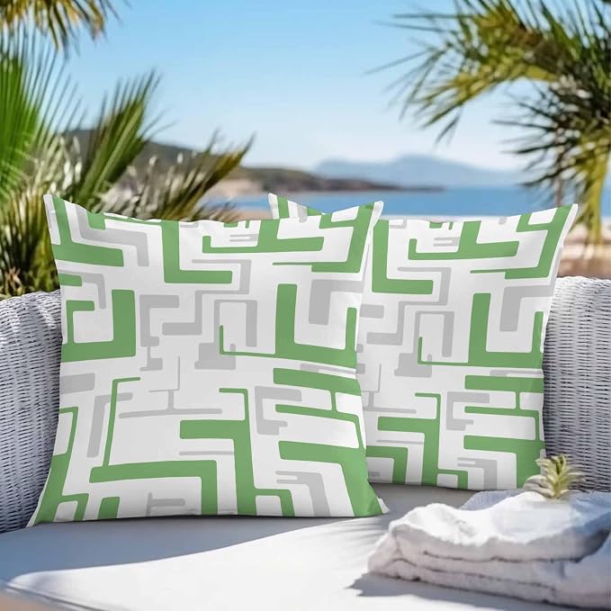 Vandarllin Outdoor Throw Pillows Covers 18x18 inch Set of 2 Waterproof Green Geometric Stripes Decorative Zippered Cushion Covers for Patio Furniture, Modern Abstract Lines Lumbar Pillowcases