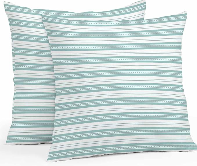 Boho Turquoise Stripe Waterproof Outdoor Pillow Covers Set of 2 Home Decor, Abstract Geometric White Minimalist Pillowcase Patio Pillow Covers for Couch Bench Furniture Garden 24x24in