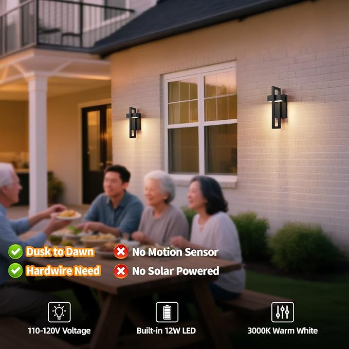 LED Outdoor Wall Sconce Dusk to Dawn Outdoor Lighting, Modern Exterior Lighting Fixtures, Black LED Front Porch Lights Outside Wall Mount Lights for House, Hallway, Warm White 3000K, 1 Pack