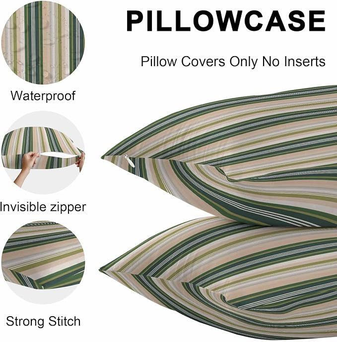 Green Brown Striped Outdoor Pillow Covers 18x18 Inch Throw Pillow Covers Set of 2 Waterproof Decorative Pillow Cases Modern Stripes Art Farmhouse Cushion Covers for Patio Furniture Garden Couch Sofa