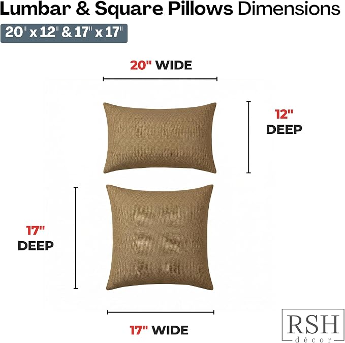 RSH DECOR: Sunbrella Lumbar & Square Pillows Set of 4 | 20" x 12" & 17" x 17" | Water and Fade-Resistant Performance Fabric | Outdoor Throw Pillows | Made in USA (Sailcloth Sienna Tan)