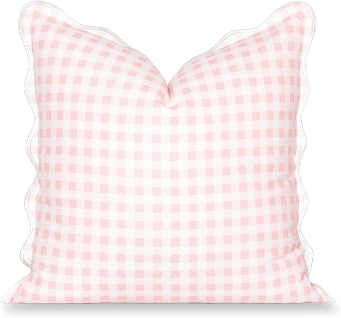 Hofdeco Premium Grandmillennial Patio Indoor Outdoor Throw Pillow Cover Only, 20"x20" Water Repellent for Backyard, Couch, Poolside, Blush Pink Print Gingham