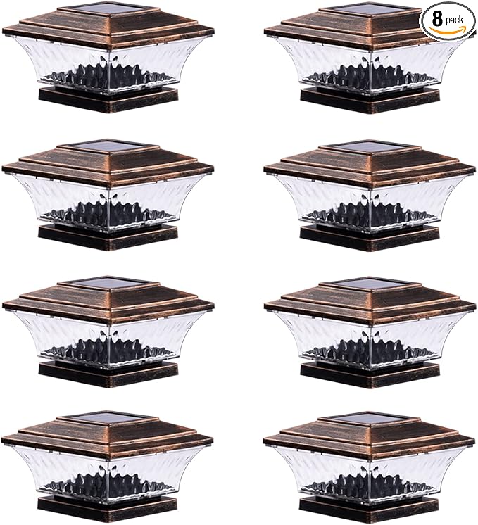 HUYIENO Solar Post Cap Lights Outdoor LED Lighting Deck Fence Cap Light Two Light Modes Warm White/Bright White Suitable for 4x4 Wooden Posts (Brushed Copper, 8pk)