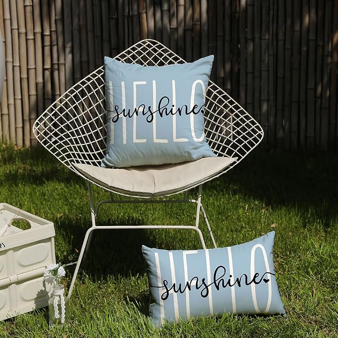 DFXSZ Sky Blue Outdoor Waterproof Pillow Covers 16x16 Set of 2 | Hello Sunshine Decor Spring Summer Polyester Pillow Covers(NO INSERTS)| Decor for Patio Funiture Garden Sofa Couch