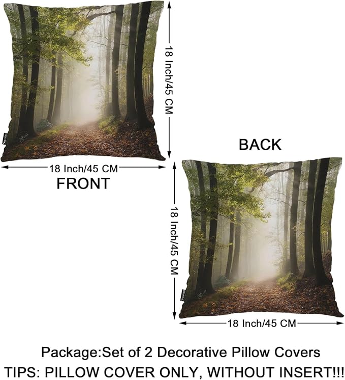 Swono Autumn Forest Decorative Throw Pillow Case 18" X 18", Misty Tree Woodland Mountain Standard Pillow Covers, Set of 2 Throw Pillowcase Cushion Covers for Couch Chair Bedroom Sofa Car Seats