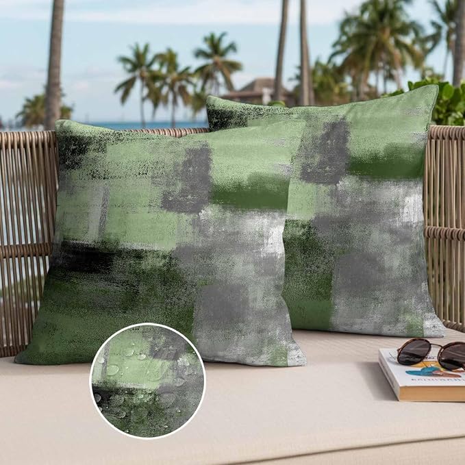 Green Ombre Waterproof Outdoor Pillow Covers Set of 2 Home Decor, Farmhouse Abstract Mottled Texture Art Pillowcase Patio Pillow Covers for Couch Bench Furniture Garden 16x16in