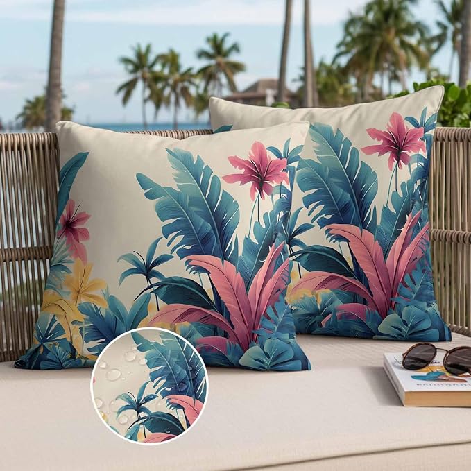Summer Tropical Leaves Waterproof Outdoor Pillow Covers Set of 2 Home Decor, Farmhouse Botanical Plants Pillowcase Patio Pillow Covers for Couch Bench Furniture Garden 24x24in