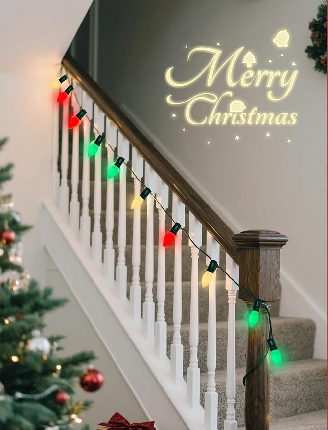 C7 Multicolor Vintage Christmas Lights, 26Ft Red White and Green Christmas Outdoor String Lights with 27 LED Bulbs, Hanging Old Fashioned Lights for Xmas Tree Patio Roofline Party Wedding Decoration
