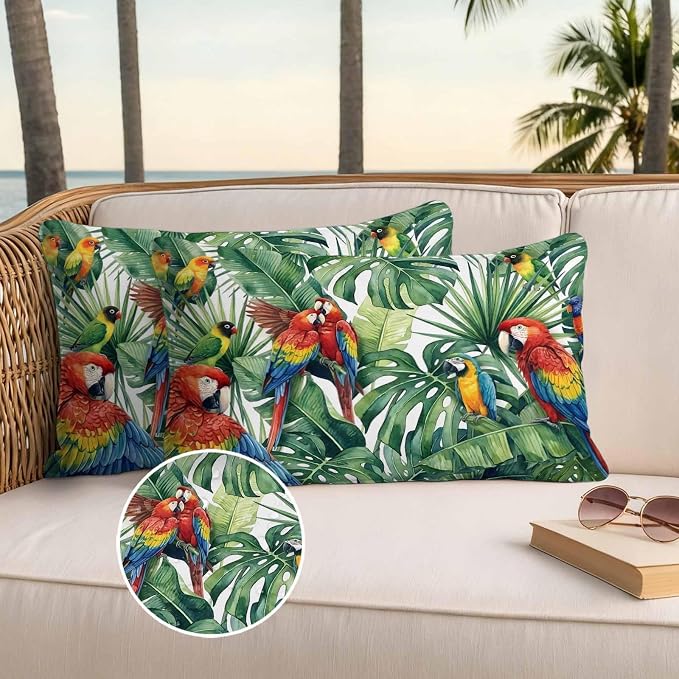 Pack of 2 Waterproof Outdoor Pillow Covers 20x12 Inch Decorative Pillow Covers Tropical Plants Throw Pillowcases Summer Rustic Monstera Palm Leaves Birds Green Outdoor Cushion Cover for Couch, Patio