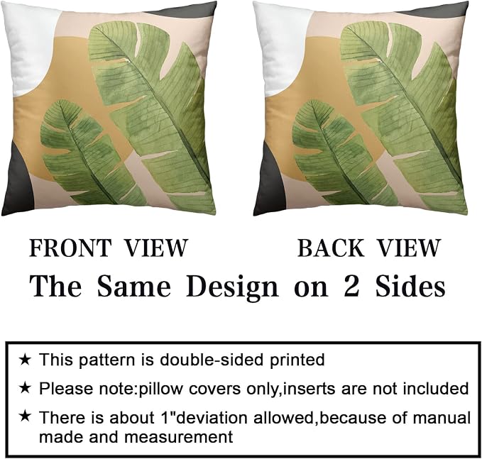 Set of 2 Summer Green Palm Tree Leaves Pillow Covers Tropical Plant Pillowcases Brown and White Black Throw Pillow Covers Cotton Blend 20x20 Game Room Decor for Sofa Bed Couch