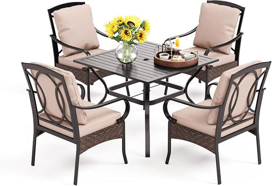 PHI VILLA 5 Piece Patio Dining Set, Square Table, Wicker Chairs | Heavy Duty Patio Table Set for Deck, 4 Extra Large Outdoor Metal Wicker Dining Chairs with Thick Cushions