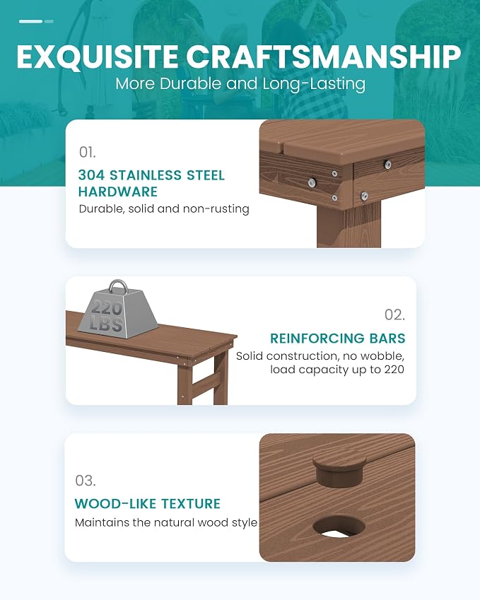SERWALL Outdoor Bar Set - 2 Adirondack Bar Chairs & Bar Height Table with 1.6" Umbrella Hole, All-Weather HDPE Patio Furniture for Poolside, Backyard, Garden - Brown