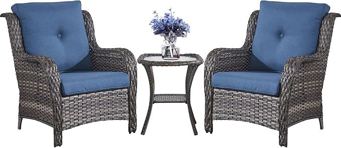 Belord Patio Chairs Outdoor Furniture Set, 3 Peices Porch Wicker Furniture with Side Table, Deep Seating Patio Bistro Chair Sets (Blue Cushion)