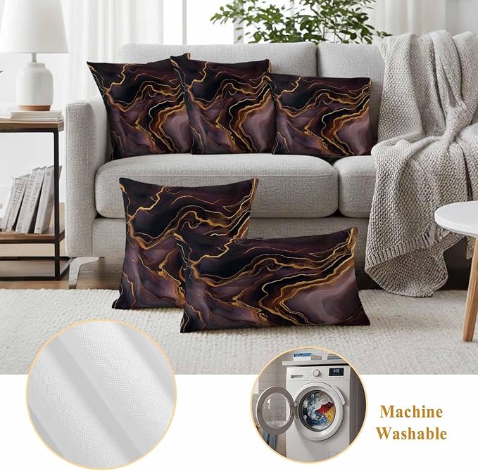 Abstract Marble Texture Outdoor Waterproof Throw Pillow Covers Set of 2, 18"x18", Purple Gold Waves Art Decorative Pillow Covers Outside Cushion Case for Patio Porch Garden