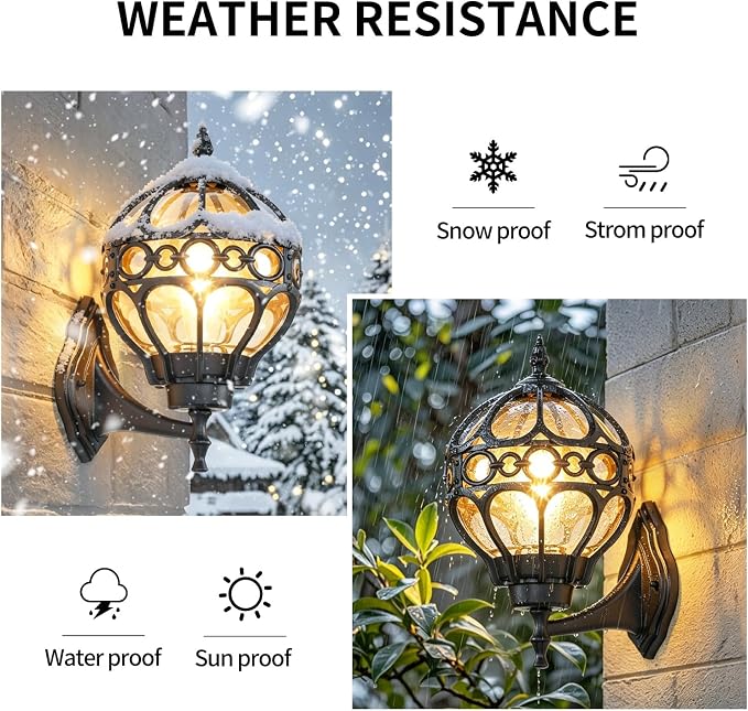 2 Pack Black Globe Outdoor Wall Lights, Round Exterior Wall Sconce for Patio, Porch, Garage, Anti-Rust Aluminum Wall Mount Lighting Fixture, Classic Wall Lantern with Ornate Cage & Amber Glass