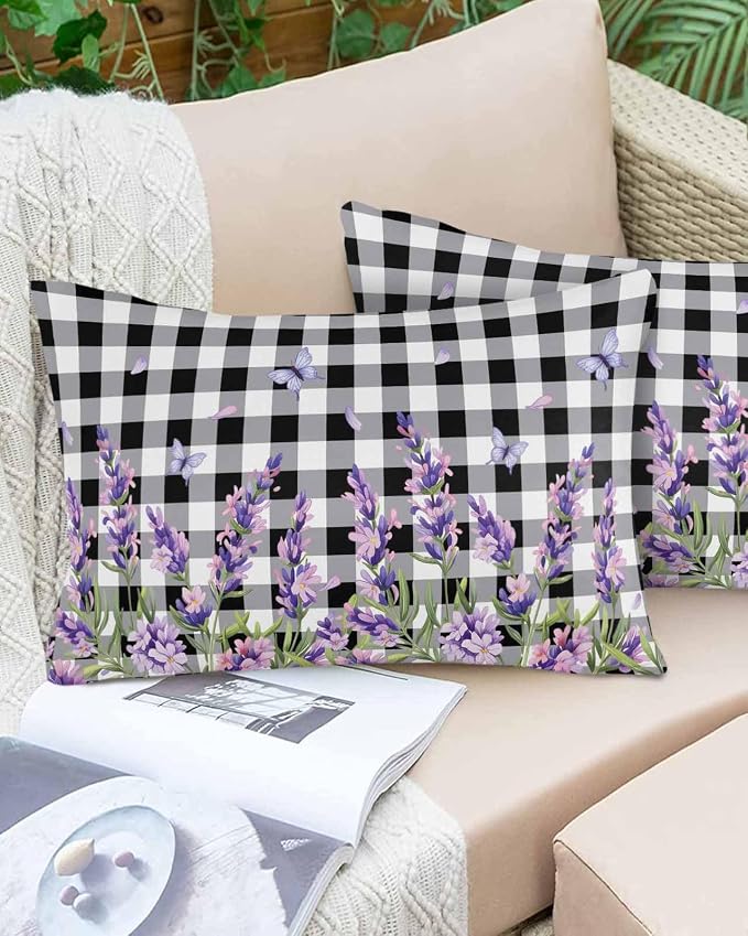 Vandarllin Outdoor Throw Pillows Covers 20x12 inch Set of 2 Waterproof Purple Lavender Flower Decorative Zippered Cushion Covers for Patio Furniture, Butterfly Black Buffalo Plaid Lumbar Pillowcases