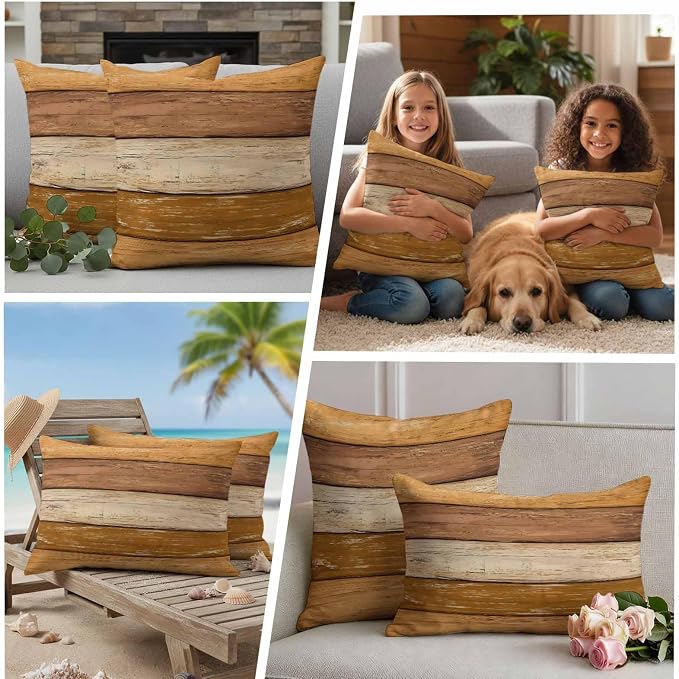 Farmhouse Yellow Brown Outdoor Waterproof Pillow Covers, Vintage Wooden Striped Decorative Rectangle Throw Pillowcase Sofa Cushion Sham for Patio/Couch/Chair, 20"x12" 2 Pack