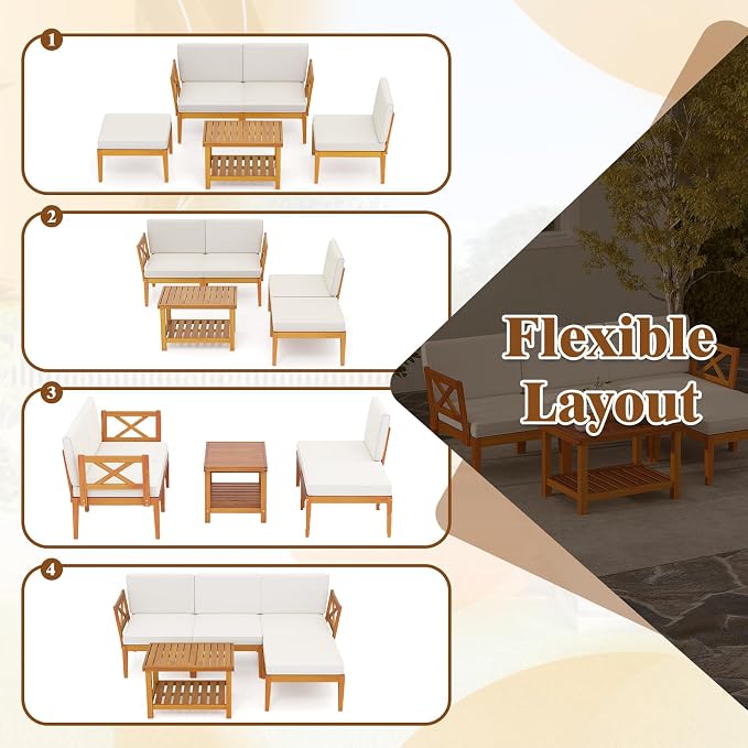 HAPPYGRILL 5 Pieces Acacia Wood Patio Furniture Set, Outdoor Sectional Couch with 2-Tier Coffee Table and Cushions, L Shaped Outdoor Conversation Set for Porch, Garden, Backyard