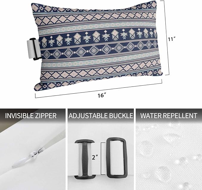 Outdoor Lumbar Pillow Set of 1, Navy Blue Boho Striped Waterproof Beach Headrest Pillow with Inserts, Southwestern Ethnic Tribe Vintage Recliner Throw Pillows for Patio Furniture, 12 x 20