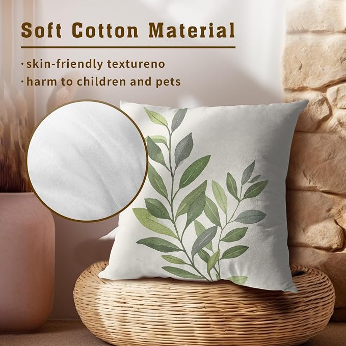 Sage Green Leaves Pillow Covers 22x22 Inch Set of 2, Grey Rustic Plants Leaf Cotton Square Decorative Throw Pillowcases for Bed Sofa Couch Porch Farmhouse Cottage Home Decor