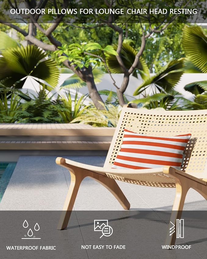 T&H XHome Outdoor Pillow for Chaise Lounge Chair, Orange and White Stripes Waterproof Headrest Pillow Lumbar Pillows with Adjustable Elastic Strap for Beach, Poolside, Patio, Office (1 Pack)