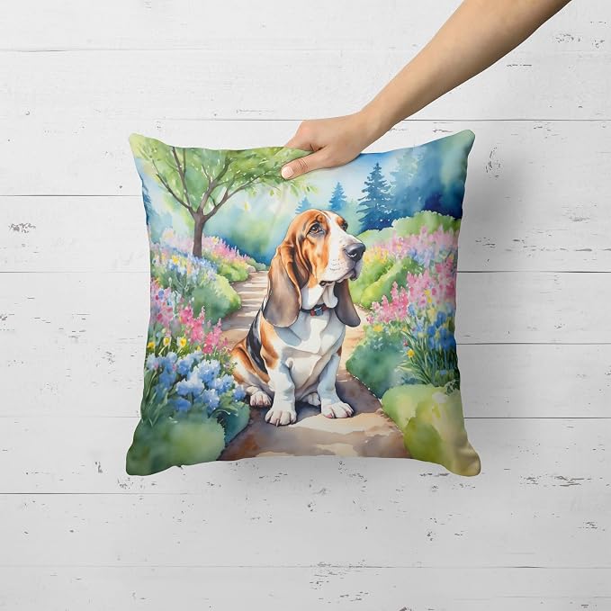 Caroline's Treasures Basset Hound Spring Garden Throw Pillow Machine Washable, Indoor Outdoor Decorative Pillow for Couch, Bed or Patio, 18Hx18W