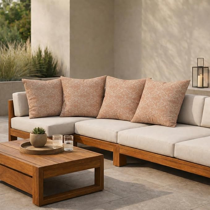 RSH DECOR: Sunbrella Square Throw Pillows Set of 4 | 17" x 17" | Water and Fade-Resistant Performance Fabric | Outdoor Pillow Covers with Down-Alternative Inserts | Made in USA (Rialto Papaya)