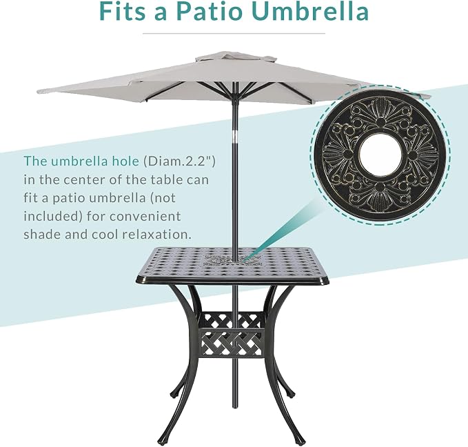 MEETWARM 30.5" Square Patio Dinning Table, Outdoor Cast Aluminum Dinning Table with 2.2" Umbrella Hole, Dark Bronze