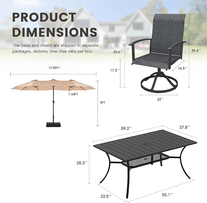7 Pieces Patio Dining Set with Patio Umbrella, Outdoor Furniture of 59.2" Rectangular Patio Table and Patio Swivel Chairs for Backyard Lawn Garden, Black Table and Black Chairs