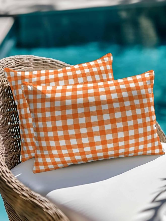 Outdoor Waterproof Throw Pillows Orange Buffalo Plaid Patio Pillows Pack of 2,Decorative Pillow Covers with Insert,Pillow Cushion Case for Garden Couch Sofa Classic Gingham Check Watercolor