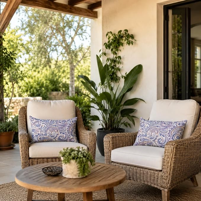 Pack of 2 Patio Lumbar Pillows 12"x20" | Fade Resistant Outdoor Waterproof Lumbar Pillow with Inners Decorative Garden Lumbar Cushions for Home Patio Terrace Sofa