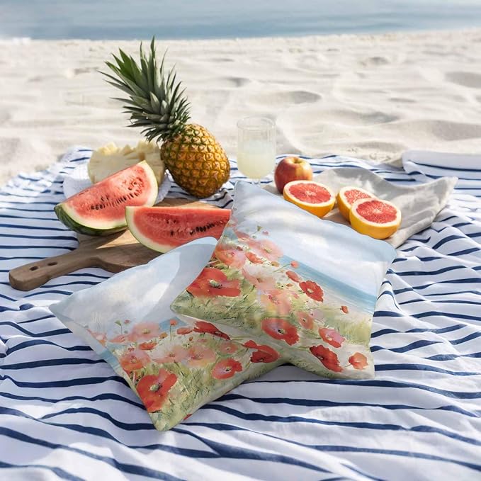 Spring Red Pink Floral Outdoor Pillow Covers 18x18 Inch Throw Pillow Covers Set of 2 Waterproof Decorative Pillow Cases Summer Coastal Beach Wave Ocean Blue Cushion Covers for Patio Furniture Garden
