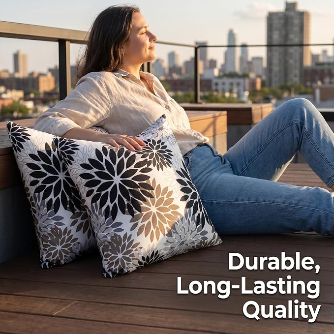 Outdoor Waterproof Throw Pillow Cases Pack of 2 Dahlia Flowers Throw Pillow Covers 18×18 Black and Brown Decorative Spring Summer Cushion Covers for Garden Patio Living Room Couch