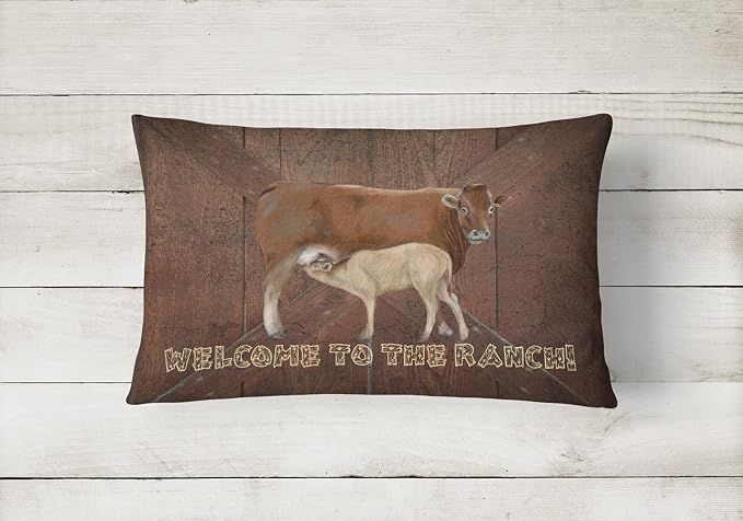 Caroline's Treasures SB3084PW1216 Welcome to the Ranch with the Cow and Baby Canvas Fabric Decorative Pillow 100% Machine Washable Pillow, Indoor or Outdoor Decorative Throw Pillow for Couch, Bed or P