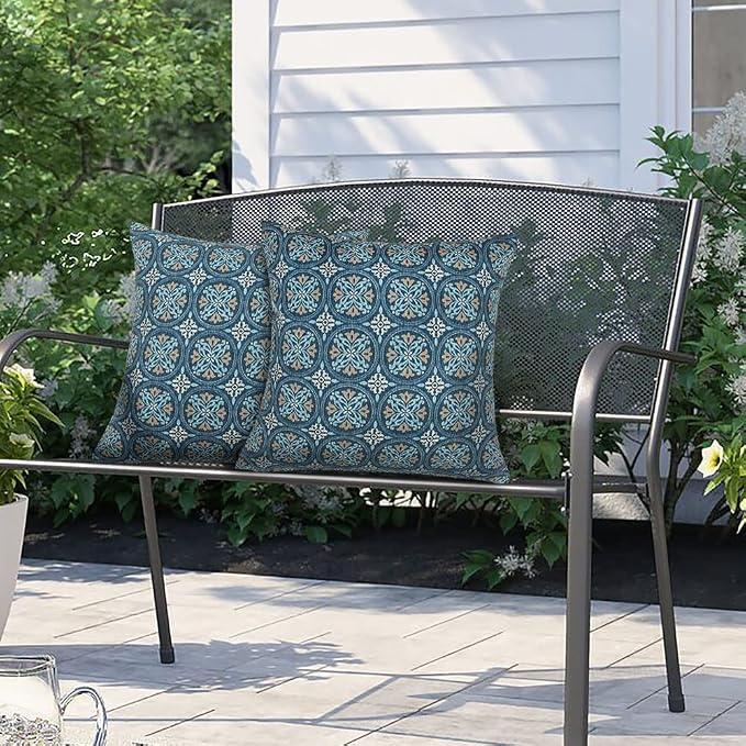 Magpie Fabrcis Pack of 2 Outdoor Waterproof Throw Pillow with Insert 18 x 18 Inch, Christmas Decorative Back Cushion Pad for Garden Patio Tent Balcony Couch Sofa(Morgan Medal Blue)