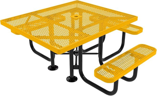 COATEDOUTDOORFURNITURE Heavy-Duty Portable ADA-Compliant Outdoor Picnic Table with Umbrella Hole, Expanded Metal Patio Dining Furniture Made in America (46" Square Top, Yellow)