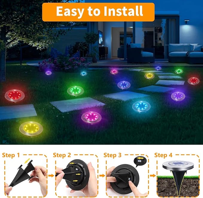 LYHOPE Solar Ground Light Outdoor, 8 Pack 8 LED Color Changing Solar Disk Lights Waterproof Garden In-ground Pathway Lights Landscape Lighting for Lawn,Yard,Deck,Patio,Walkway (RGB)