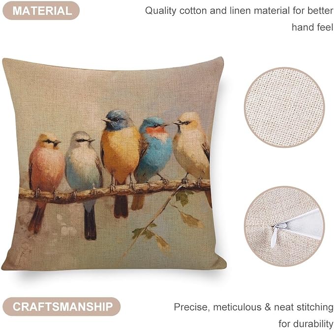 Linen Cushion Case Outdoor Home Decoration Oil Birds Tree Cushion Case Colorful Birds are Sitting on A Branch Throw Pillowcase for Farmhouse Decor Room Bedroom Sofa Chair Car 16"x16"