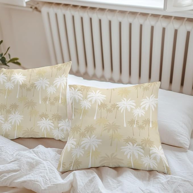 Throw Pillow Covers 18x18 Inch Set of 2, Tropical Palm Tree Waterproof Outdoor Pillow Covers, Beige White Plants Coastal Leaf Beach Decorative Cushion Pillowcases for Couch, Sofa, Bed, Garden, Patio