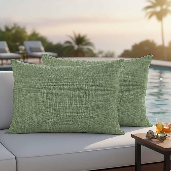 Outdoor Waterproof Throw Pillow Covers Set of 2 Sage Green Linen Lumbar Pillowcases 20x12 Inches Farmhouse Pure Color Decorative Pillows Cushion Case Patio Pillows for Couch Bed Chair Garden