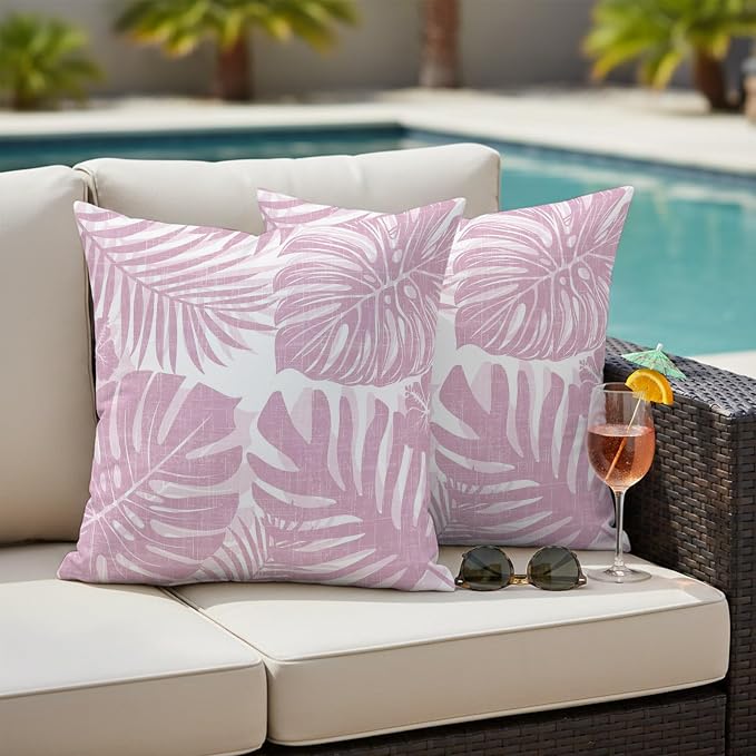 Pink Palm Leaves Outdoor Pillow Covers 18"x18" Set of 2, Tropical Botanical Minimalist Modern Waterproof Throw Pillow Covers for Patio Furniture, Decorative Cushion Covers for Porch