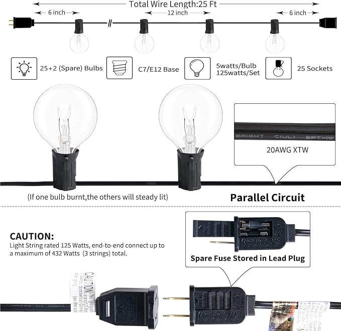 GOOTHY G40 Outdoor Globe String Lights, 25ft Hanging Patio Lights with 27 Incandescent Bulbs (2 Spare), Connectable Backyard Bistro Wedding Decor, E12 Base, 5W-Black Wire