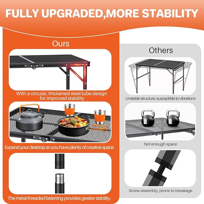 FUNYKICH Wider and Taller Grill Table 31.5''x21.6'', Max Height 29.4'' Portable Camping Tables, 2 Height Adjustable Lightweight Metal BBQ Table with Carry Handle for Camping, Picnic, BBQ, Black